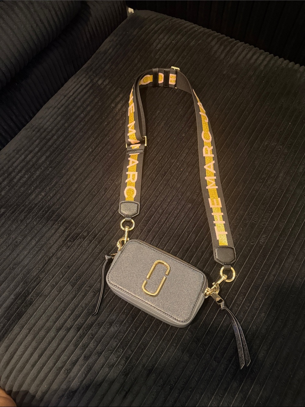 Marc Jacobs Gray Snapshot Crossbody with Yellow Logo Strap